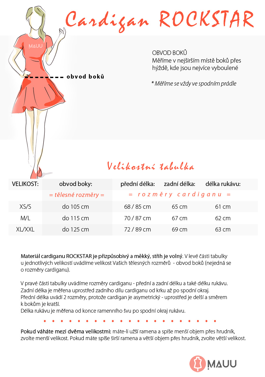 Velikostní tabulka cardigan ROCKSTAR